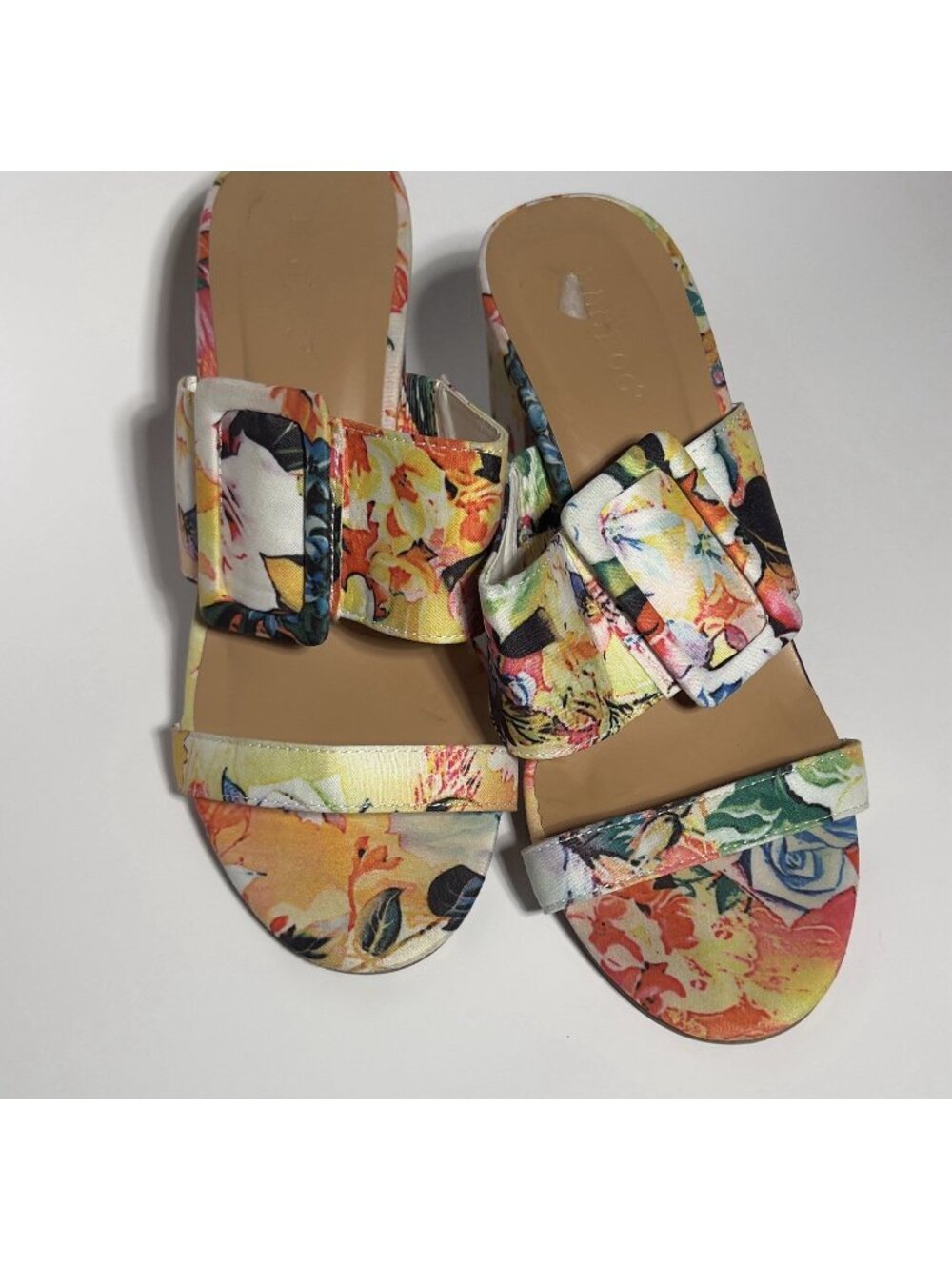 Bamboo Floral Print Buckle Slide Sandals Women’s 7.5 Block Heel Multicolor